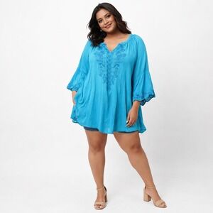 Soft Surroundings Women Embroidered Tunic Top 1X Blue Cottagecore Boho Beachy